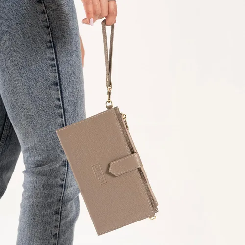 Vista 6 de Cartera de cuero genuino para mujer con protección RFID, cartera plegable para teléfono celular, con cremallera, diseño delgado, con múltiples