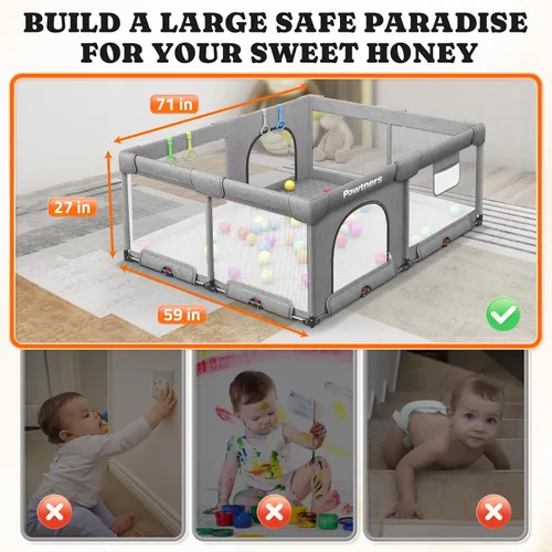 Vista 5 de Corralito plegable para bebés: 71 pulgadas de largo x 59 pulgadas de ancho x 27 pulgadas de alto, patio de juegos grande para niños con tapete