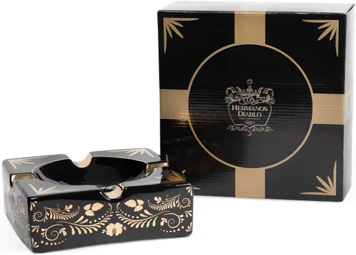 Vista 4 de Hermanos Diablo Cenicero grande para exteriores, patio interior, bandeja de cerámica negra dorada y elegante, 4 soportes cenicero perfecto para tus
