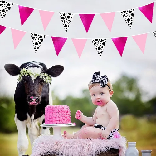 Vista 5 de Decoraciones de fiesta de vaquera de 32 pies con estampado de vaca rosa intenso, bandera triangular, banderines de tela, banderines para vaqueras