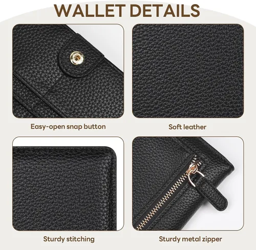 Vista 5 de Billetera para mujer, billetera RFID extradelgada, bolso plegable de cuero, con 11 ranuras para tarjetas y ventana de identificación, lindo monedero