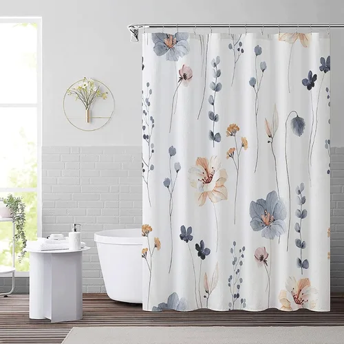 Vista 9 de Juego de cortinas de ducha – Cortina de baño floral con flores azules y beige, cortina de ducha para baño, juego de cortina de ducha de tela