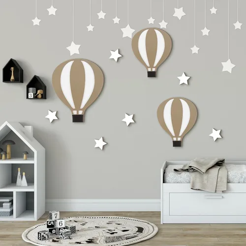 Vista 5 de Soaoo 9 piezas de globos de aire caliente, decoración de pared de guardería, letrero de madera bohemio, globo de aire caliente, decoración de baby