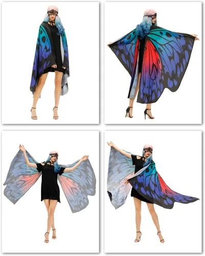 Vista 5 de Disfraz de mariposa para adulto, disfraz de alas de mariposa de Halloween, para mujer, colorido, festival, alas de mariposa, capa de chal
