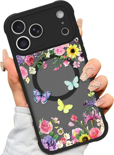 Vista 31 de AIGOMARA Magnetic Case for iPhone 16 Pro, Striped Floral - Black Black - Striped Floral