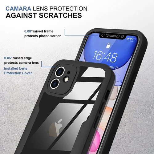 Vista 4 de Funda compatible con iPhone 11, diseño transparente de cuerpo completo con protector de pantalla integrado, a prueba de golpes, antiarañazos, Negro