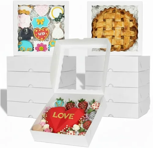 Vista 10 de TEMLQPACK 6 piezas cajas de panadería marrones de 10 x 10 x 2.5 pulgadas con ventana, tartas, galletas, fresas cubiertas de chocolate, corazón