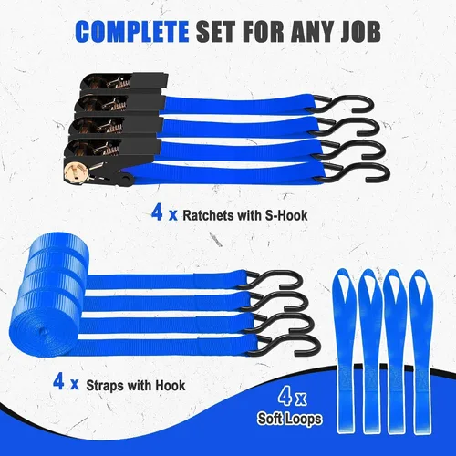 Vista 5 de AWELCRAFT Paquete de 4 correas de trinquete, correas de trinquete de 1 pulgada x 15 pies, resistencia a la rotura de 1500 libras con gancho en S, 4