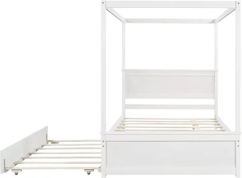 Vista 5 de Harper & Bright Designs Cama con dosel de tamaño matrimonial con cama nido, plataforma de madera con dosel con listones de soporte, cama de piso