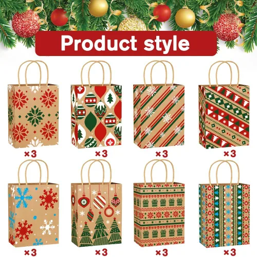 Vista 3 de Vellibring 24 piezas de bolsas de regalo de Navidad Kraft, bolsas de papel de Navidad con asa, bolsas de papel de Navidad con estampados navideños