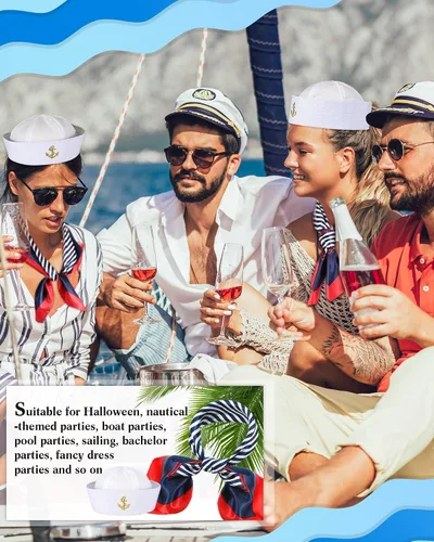 Vista 5 de Geyoga Conjunto de sombrero de marinero y bufanda para mujeres y hombres traje azul marino con sombrero de marinero blanco sombrero de capitán