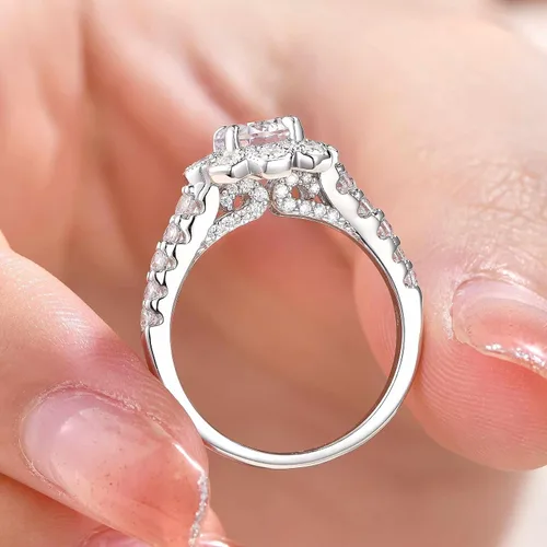 Vista 3 de Newshe Jewellery AAAAA - Anillos de boda para mujer, juego de novia de compromiso con halo de flores, plata de ley 925, anillo de circonita cúbica