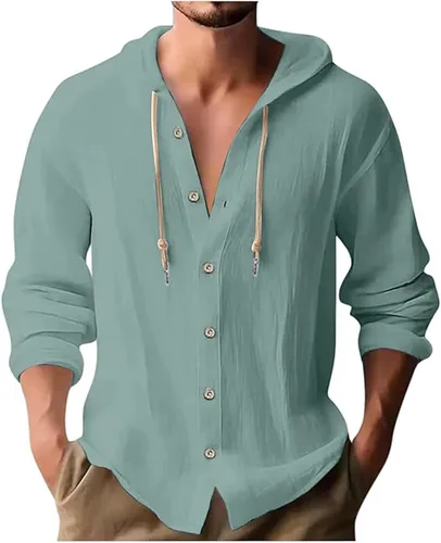 Vista 21 de Camisas de lino para hombre, casual, con botones, de verano, algodón, lino, con capucha, para playa, manga larga, con capucha