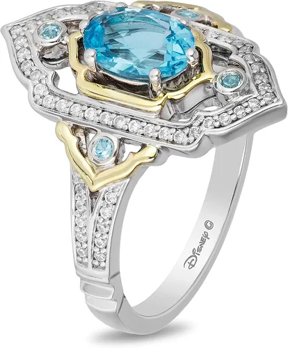 Vista 2 de Jewelili Enchanted Disney Fine Jewelry Anillo de plata de ley y oro amarillo de 10 quilates con diamante CTTW de 15 y topacio azul suizo y jazmín