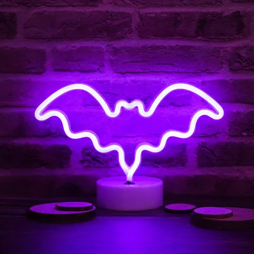 Vista 3 de Luces LED de murciélago de neón moradas, letreros de neón en forma de murciélago, luces nocturnas a pilas, lámpara de mesa de escritorio