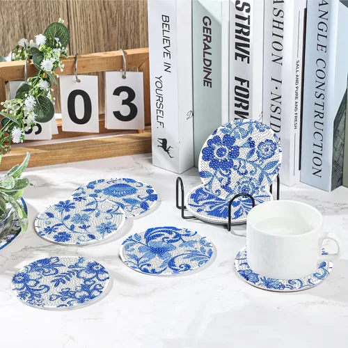 Vista 5 de Juego de posavasos con diseño de diamantes de flores azules, posavasos de diamante acrílico 5D con base de corcho y soporte para adultos, 8
