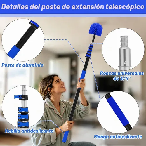 Vista 2 de Kit de plumero de alcance 30T, kit de limpieza de ventanas con poste de extensión telescópico de 5 a 24 pies, plumero de telaraña, plumero