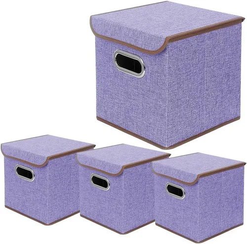 Vista 7 de Juego de 4 contenedores plegables de tela de lino con tapa, cajas organizadoras plegables, 10 x 10 x 10 pulgadas (beige)