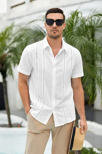 Vista 2 de Makkrom Mens Short Sleeve Guayabera Shirt Button Up Linen Lapel Hippie Cuban Camp Beach Shirts