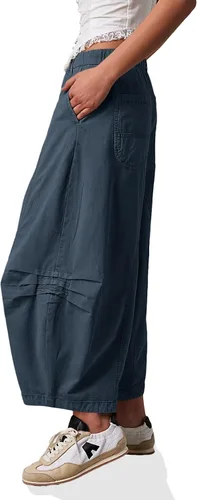 Vista 5 de Cicy Bell Pantalones cortos de pierna ancha para mujer, holgados, cintura elástica, fruncidos, pantalones chinos con bolsillos
