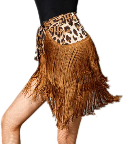 Vista 7 de Faldas de baile para mujer, diseño de baile latino, delantal, tango, borla y bufanda a la cadera Negro leopardo estampado