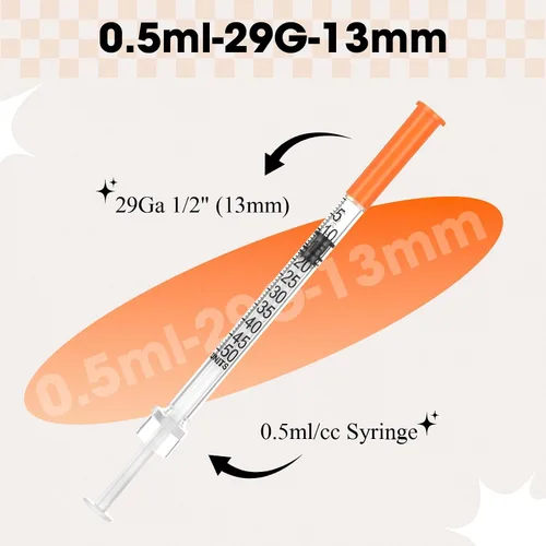 Vista 2 de Jeringa de 0.5 ml con tapa, 29G 1/2" 13mm 1/2cc, jeringas desechables en paquete individual, paquete de 20 Paquete individual desechable