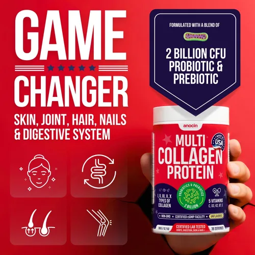 Vista 3 de anocin Péptidos de colágeno múltiple con prebióticos + probióticos + tipo I, II, III, V, X + polvo de colágeno hidrolizado con vitamina C+D3+B7+K2+E