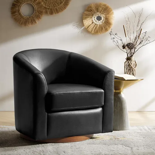 Vista 18 de HULALA HOME Silla giratoria de cuero genuino con base de madera maciza Beige