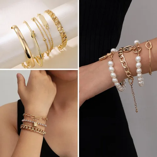 Vista 4 de IFKM 36 PCS Gold Plated Jewelry Set with 4 PCS Necklace, 11 PCS Bracelet, 7 PCS Ear Cuffs Earring, 14 Pcs Knuckle Rings for Women Girls Valentine
