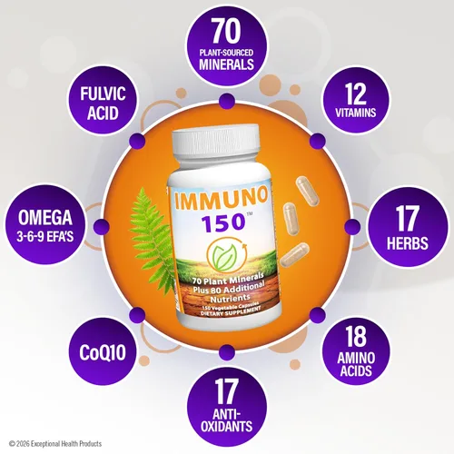Vista 3 de Immuno 150, suplemento para el sistema inmune, repleto de 70 minerales vegetales, 13 vitaminas esenciales y 68 nutrientes adicionales - 150 cápsulas