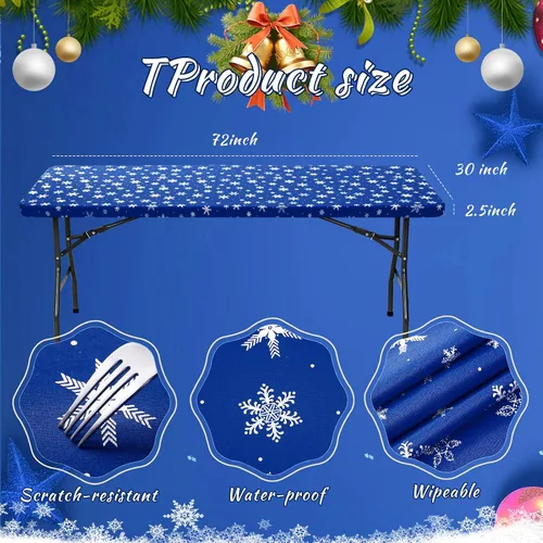 Vista 2 de Mixweer 1 Pza Mantel de Copo de Nieve Borde Elástico Ajuste Ceñido Rectangular Cubierta de Mesa Plegable 6 Pies, 30 x 72'' Tela de Poliéster