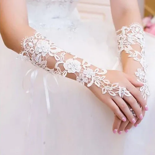 Vista 3 de JISEN Guantes de encaje de boda para mujer, regalo formal para banquete, fiesta, sin dedos, Blanco