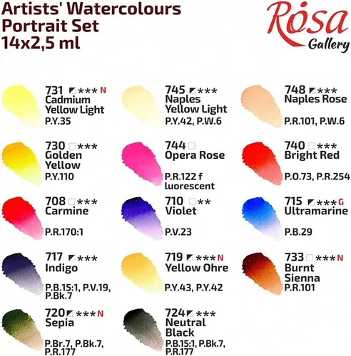Vista 2 de Rosa Gallery Juego de pintura de acuarela, paleta 'Retrato' sartenes completas caja de metal de 14 colores, acuarelas profesionales extra finas