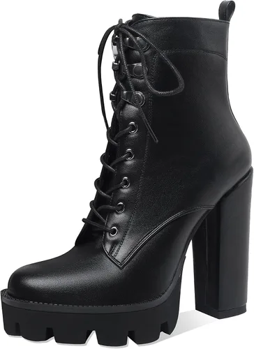 Vista 2 de Botines de plataforma para mujer, tacón grueso, suela de combate, botas de tacón alto con cordones