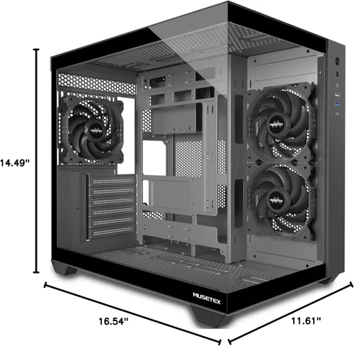 Vista 7 de MUSETEX Caja de PC ATX, 3 x 120mm Ventiladores Preinstalados, Soporte para Radiador de 360MM, Caja de PC para Juegos de Vidrio Templado de Vista