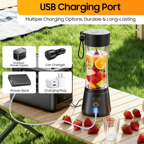 Vista 8 de Licuadora portátil inalámbrica de tamaño personal – Licuadora sin BAP para hacer batidos y batidos, taza de jugo de 12 onzas con 6 cuchillas, se