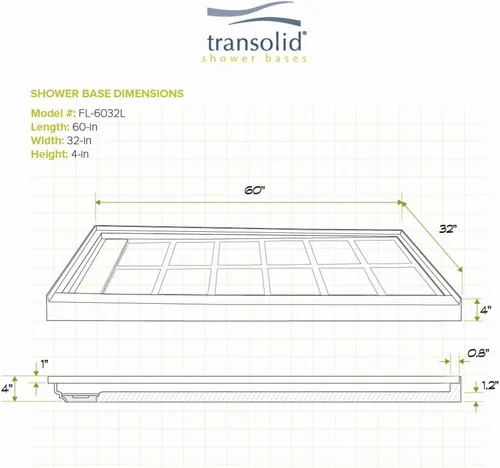 Vista 3 de Transolid FL6032L-39 - Base de ducha rectangular de drenaje con extremo oculto de alcoba lineal de 60 pulgadas de ancho x 32 pulgadas de largo
