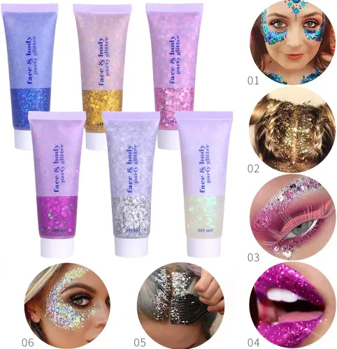 Vista 2 de Brillantina para la cara azul, traje de neón brillante, para fiesta, lentejuelas holográficas, maquillaje en gel con purpurina corporal (01# azul)