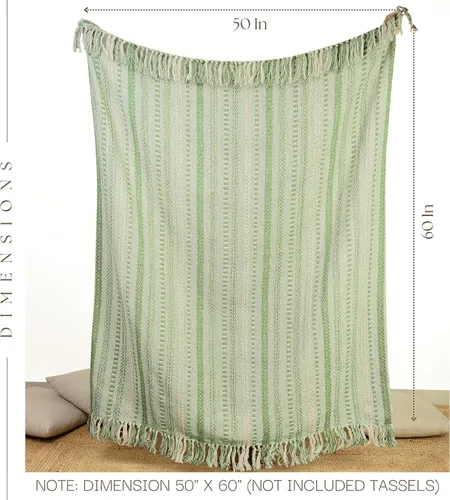 Vista 2 de RAJRANG Manta de 50 x 60 pulgadas, 100 % algodón, trenzada, a rayas, para interior y exterior, sofá, cama, sofá, color verde jade