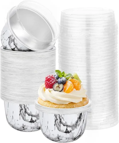 Vista 9 de Beasea Tazas de Ramekin de Aluminio con Tapa, 50 Unidades 6.1oz 180ml Mini Ramekins Desechables de Aluminio para Horno, Tazas Redondas para Cupcakes