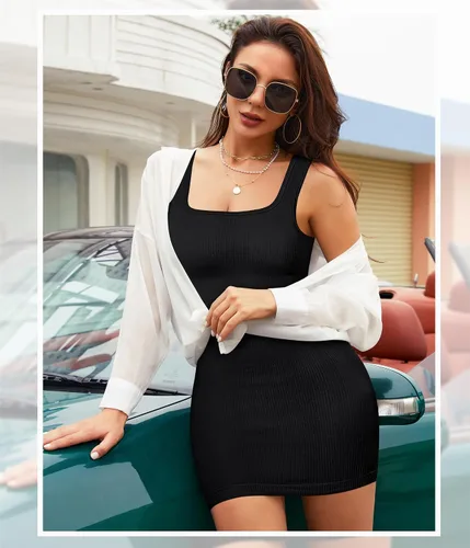 Vista 3 de Vestidos ajustados negros para mujer, acanalados, sin mangas, cuello cuadrado, camisetas sin mangas, mini vestido básico para club
