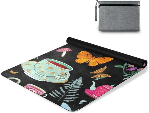 Vista 9 de Juego de té vintage con patrón de esterilla de yoga fina con bolsa incluida, tapete de entrenamiento de fitness antideslizante, tapete de yoga