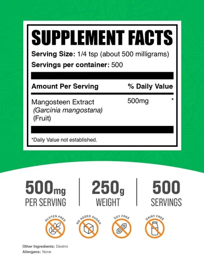 Vista 2 de BulkSupplements. com Extracto de mangostán en polvo, suplemento superalimentario, de fruta de mangostán, sin gluten, 500 mg por porción, 250 g