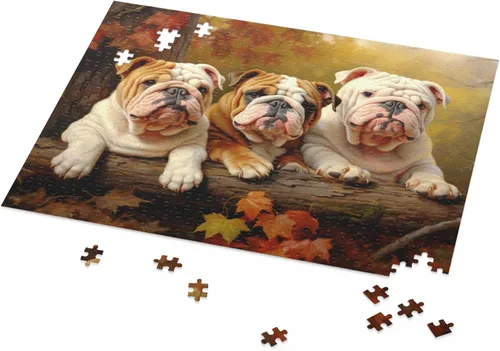 Vista 2 de Rompecabezas de 500 piezas para adultos – Bulldogs ingleses en Autumn Park – Rompecabezas de madera, rompecabezas de animales para jóvenes y niños