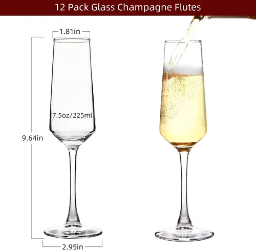 Vista 2 de Juego de 12 copas de champán de cristal, copas de champán clásicas de 7.5 onzas, copas de vino espumosas, elegantes flautas para degustación