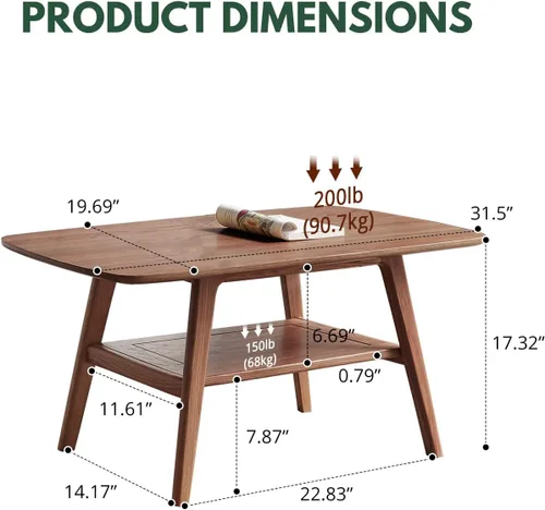 Vista 2 de Mesa auxiliar de madera maciza de 2 niveles para sala de estar (nogal, 31.49 pulgadas) Mid-century modern design with natural wood grain. Safe and