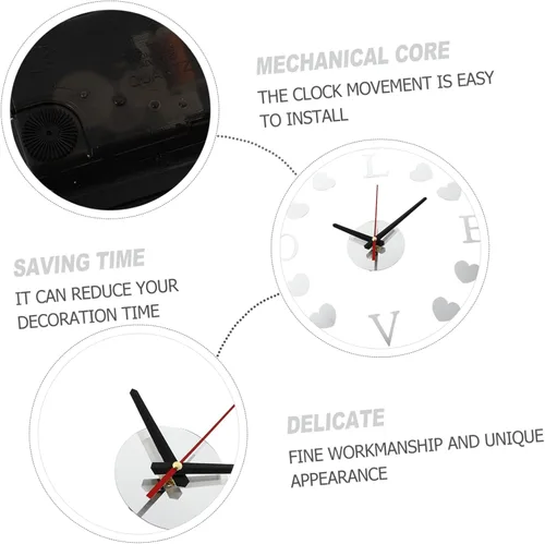 Vista 3 de Reloj de pared con espejo de amor, reloj de pared sin marco, reloj de espejo de corazón, reloj de pared extra grande, etiqueta engomada, reloj