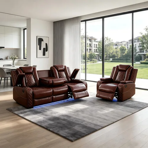 Vista 37 de Juego de sofá modular reclinable eléctrico con luz LED, juego de sofá modular reclinable de cuero, incluye sillón reclinable individual, juego