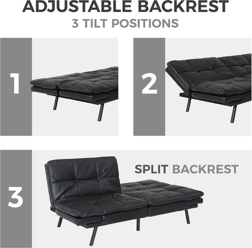 Vista 5 de Sofá cama futón, sofá cama convertible de espuma viscoelástica, moderno sofá cama plegable para espacio de vida pequeño y compacto (negro + PU#)