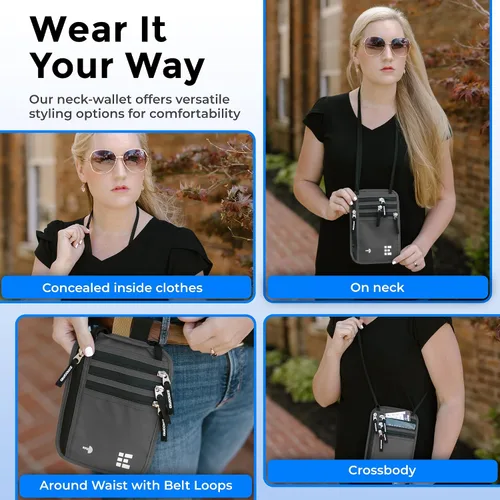 Vista 56 de Cartera para el cuello para viajes y pasaporte con bloqueo RFID, delgada y fácil de ocultar, bolsa de viaje de nailon para hombres y mujeres